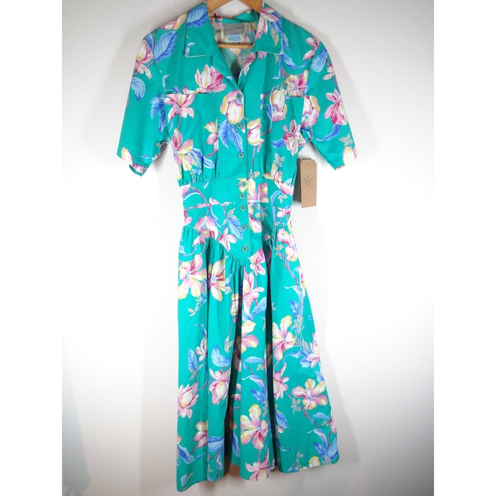 VTG Carol Anderson Dress M Teal Floral 80s Tropical Midi Button Basque Waist